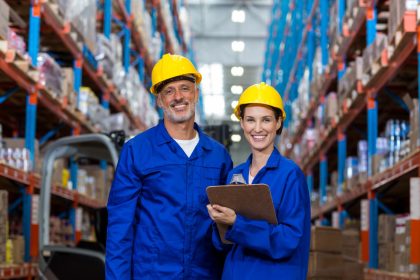 Warehouse workers standing together in warehouse