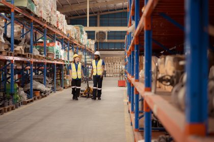 Top view of two warehouse workers pushing a pallet truck in a sh How to Choose the Right FTZ Fulfillment Partner