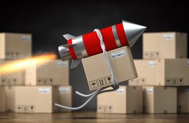 Fast delivery packet or parcel concept. Rocket with cardpoard bo returns management Atlanta 3PL