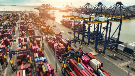 Container ship docked at port with cargo trucks and cranes. Global logistics hub. Maritime freight operations. International trade and supply chain management. Import-export terminal. Global commerce. inverted tariff trap